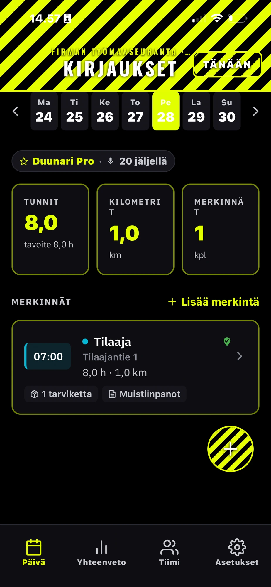 Duunari-sovellus, työntekijän Päivä-näkymä: 8,0 h tehty, 1,0 km, työmaakirjaus