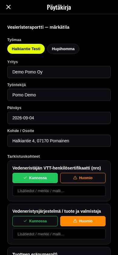 Asennuspöytäkirjat